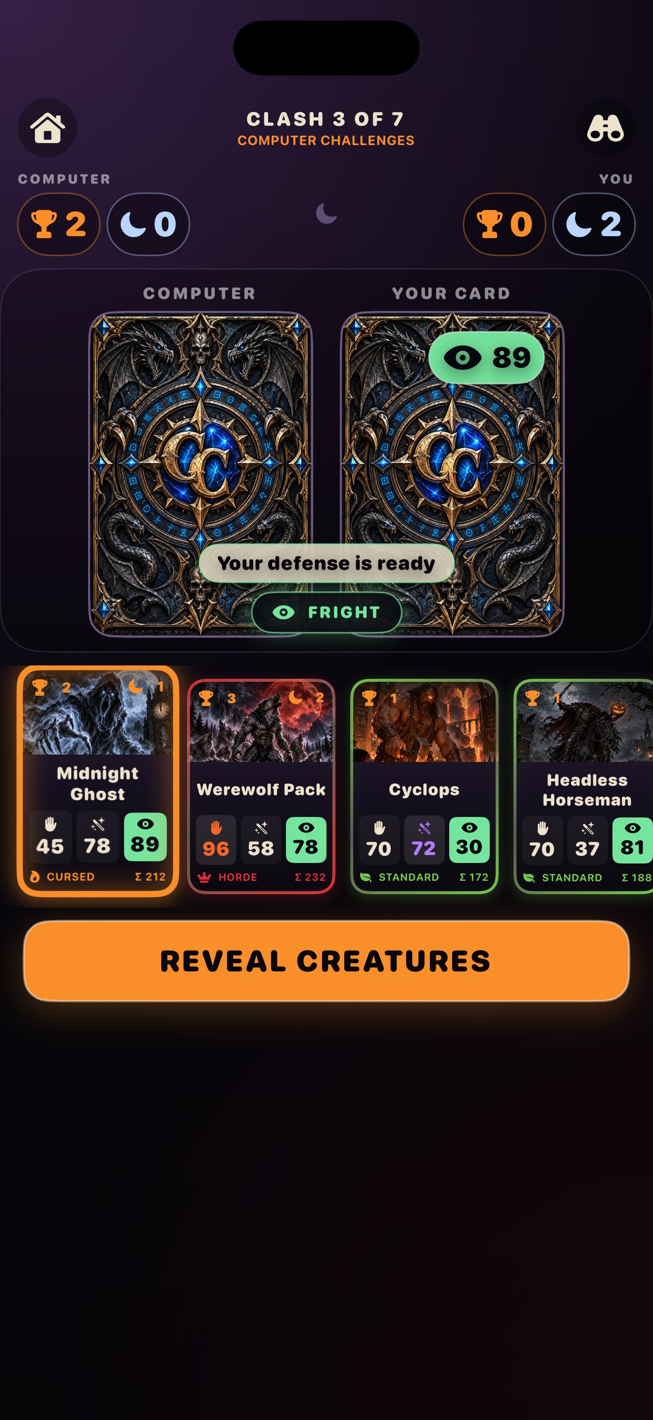 A hand holding Midnight Ghost, Werewolf Pack, Cyclops, and Headless Horseman with two Moonlight saved