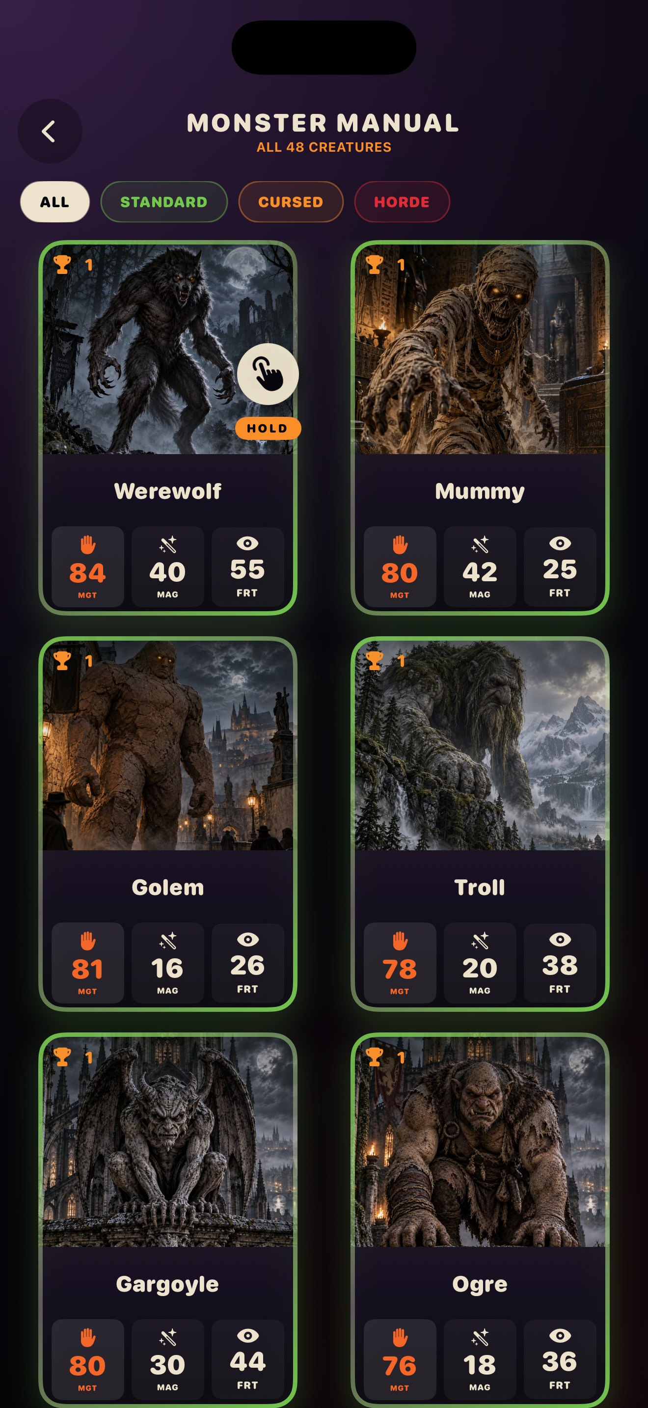 The Monster Manual showing Werewolf, Mummy, Golem, Troll, Gargoyle, and Ogre with their Might, Magic, and Fright values