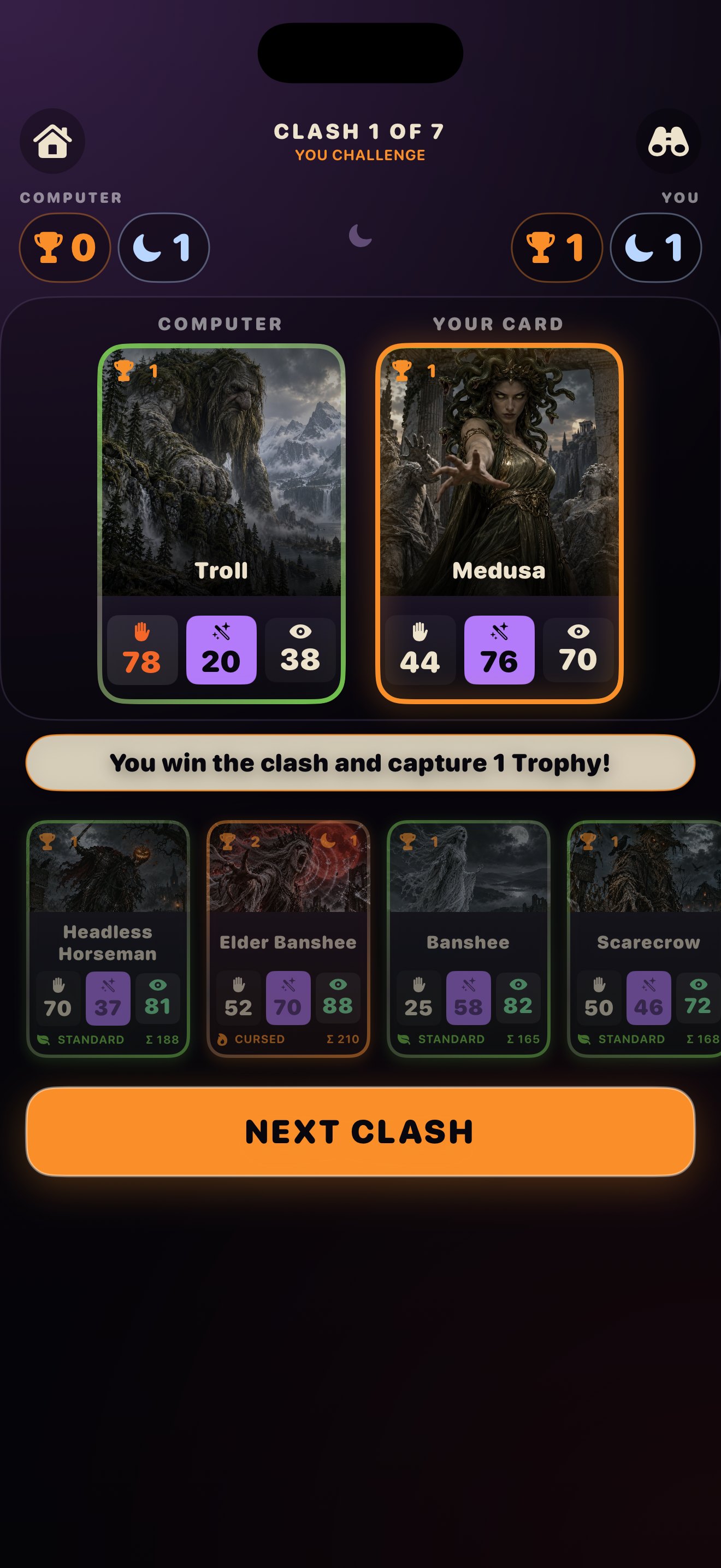 A revealed clash in which your Medusa beats the computer&rsquo;s Troll on Magic, 76 to 20, and captures 1 Trophy