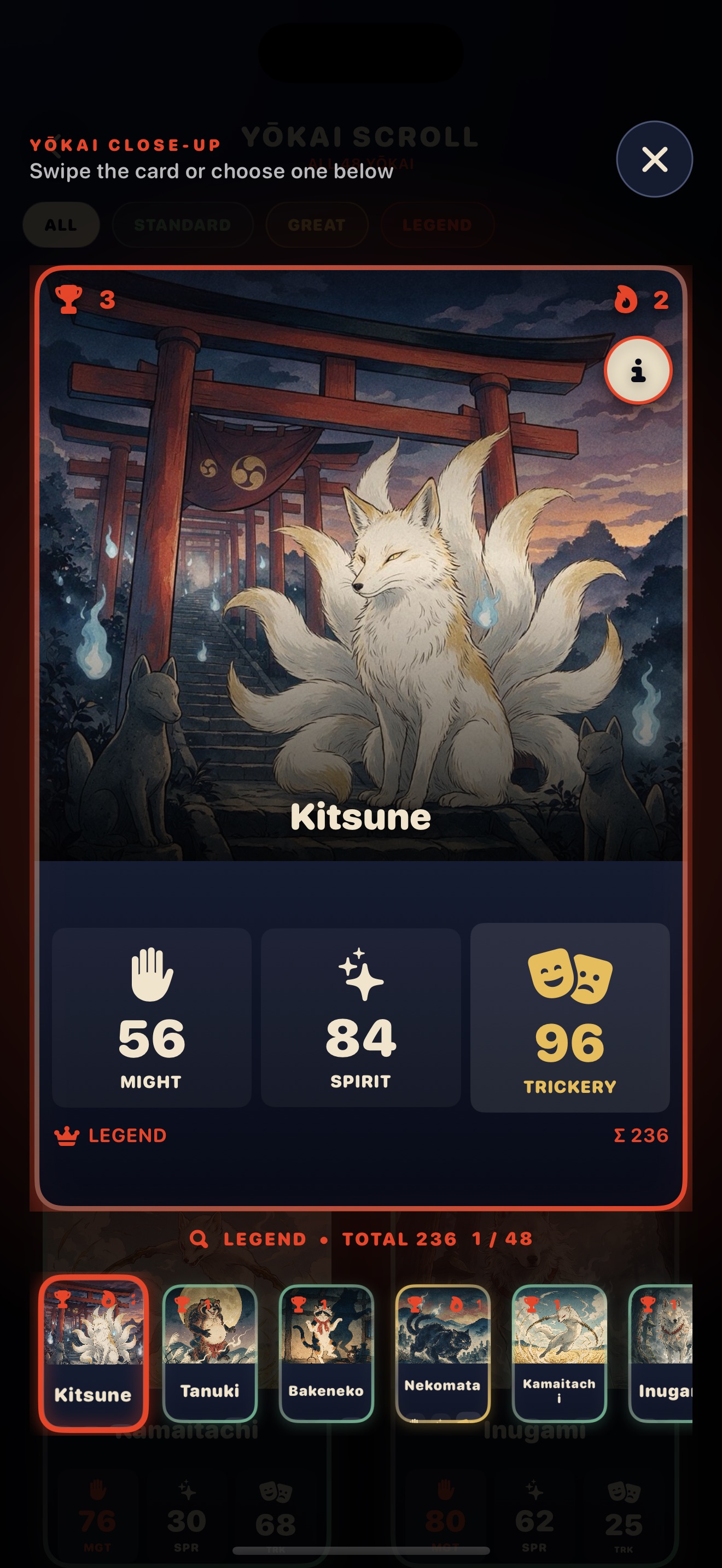 A close-up of the Kitsune card with its Might, Spirit, and Trickery values and an info button at the top right