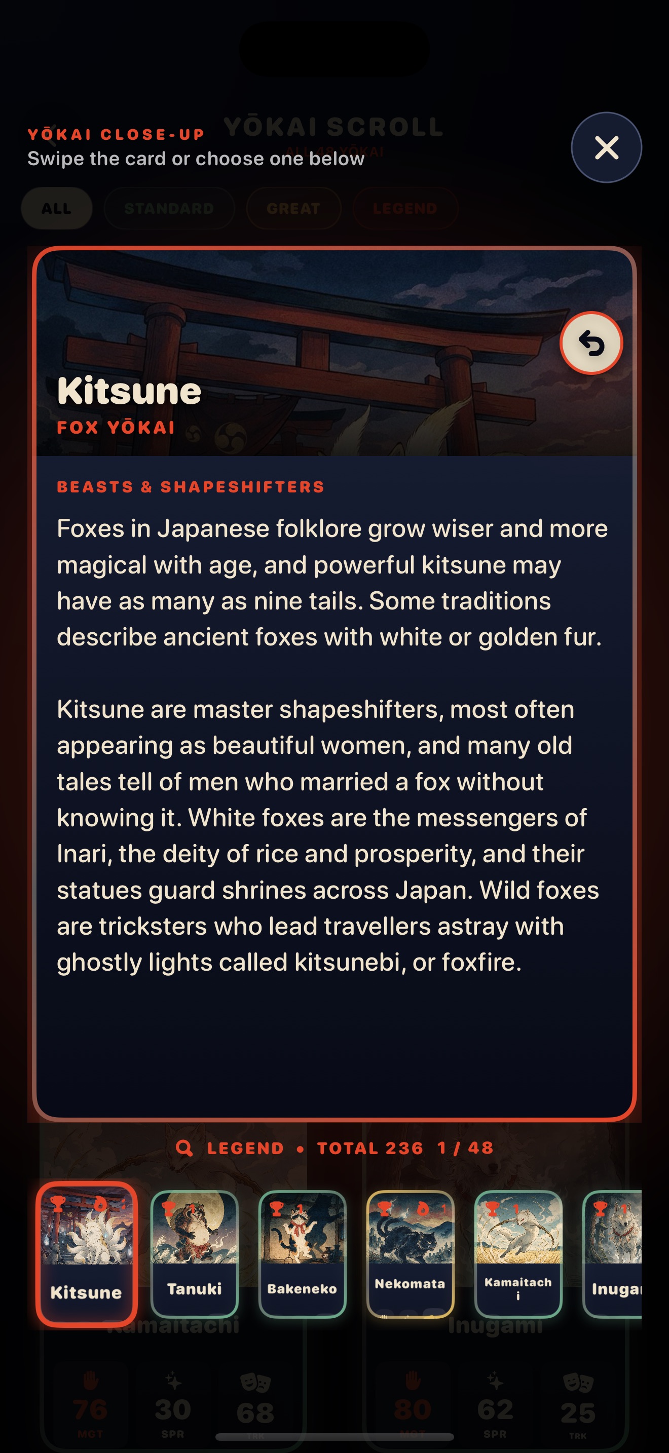 The Kitsune card flipped over, showing two paragraphs about foxes in Japanese folklore