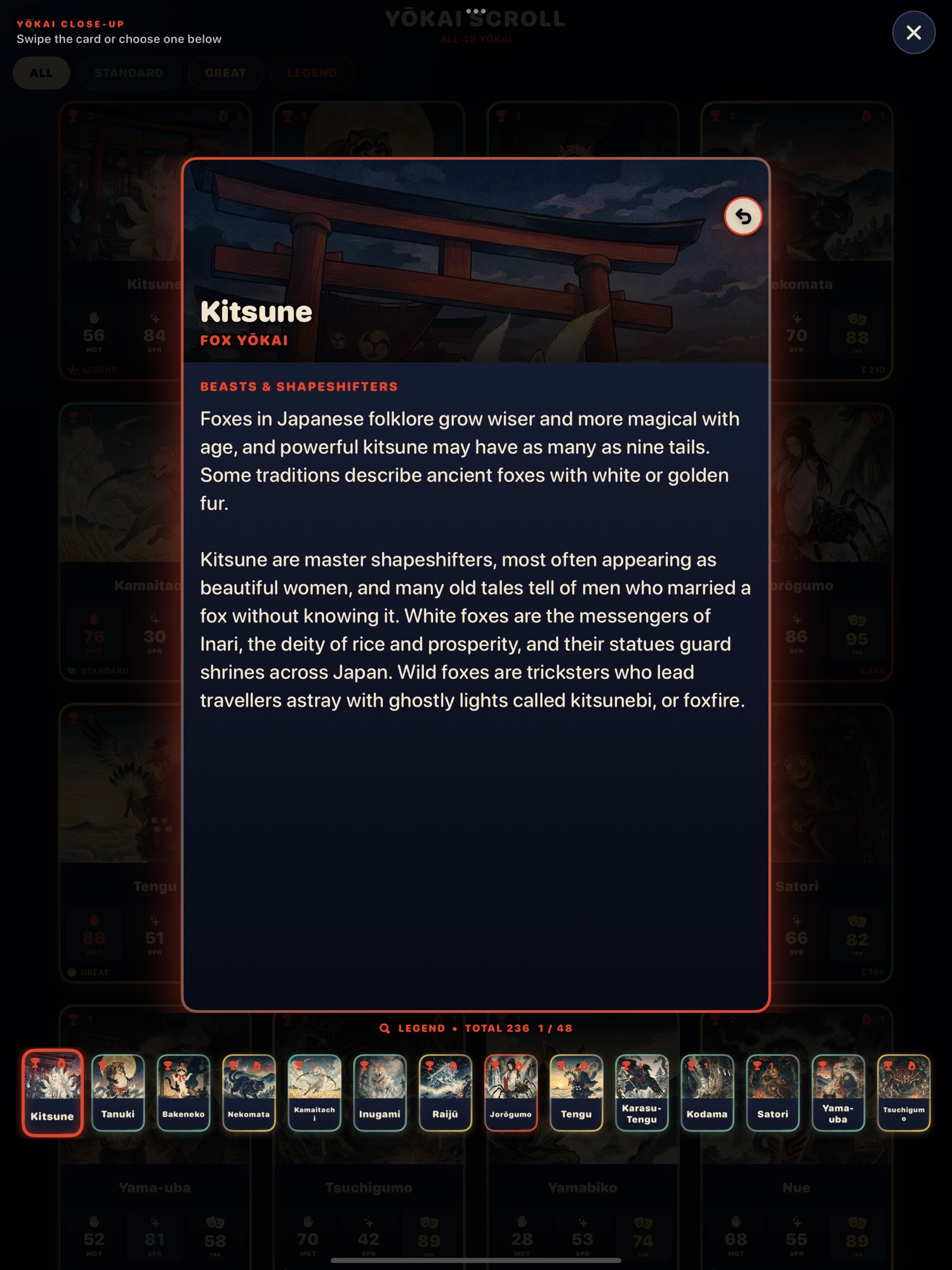 The Kitsune backgrounder on iPad, with a row of other cards to browse underneath