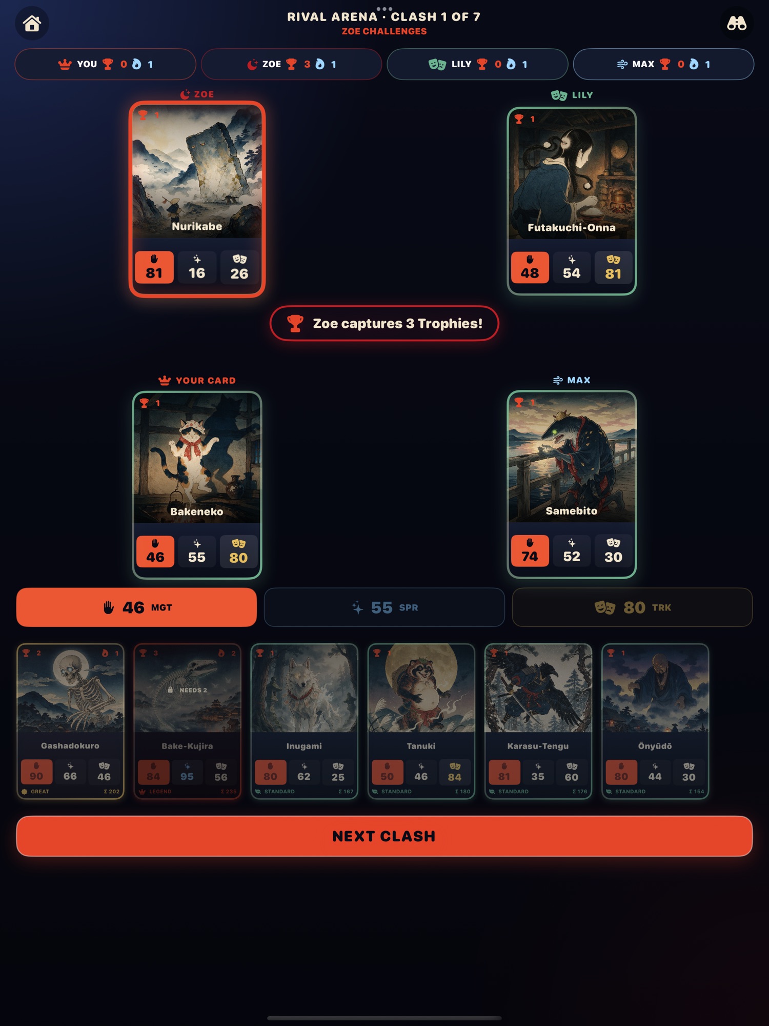 Rival Arena on iPad after the reveal: Zoe&rsquo;s Nurikabe wins on Might and captures 3 Trophies