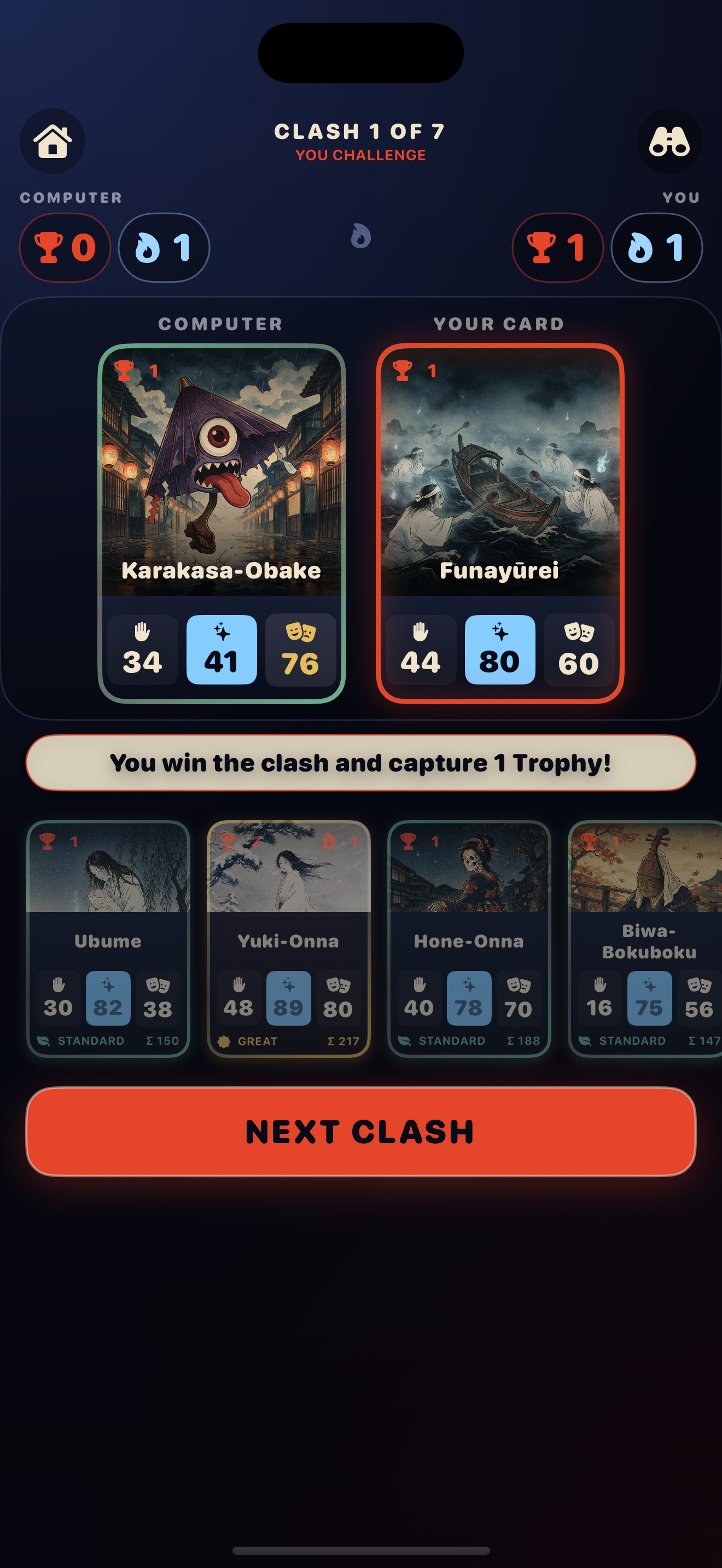 A revealed clash in which your Funayūrei beats the computer&rsquo;s Karakasa-Obake on Spirit, 80 to 41, and captures 1 Trophy