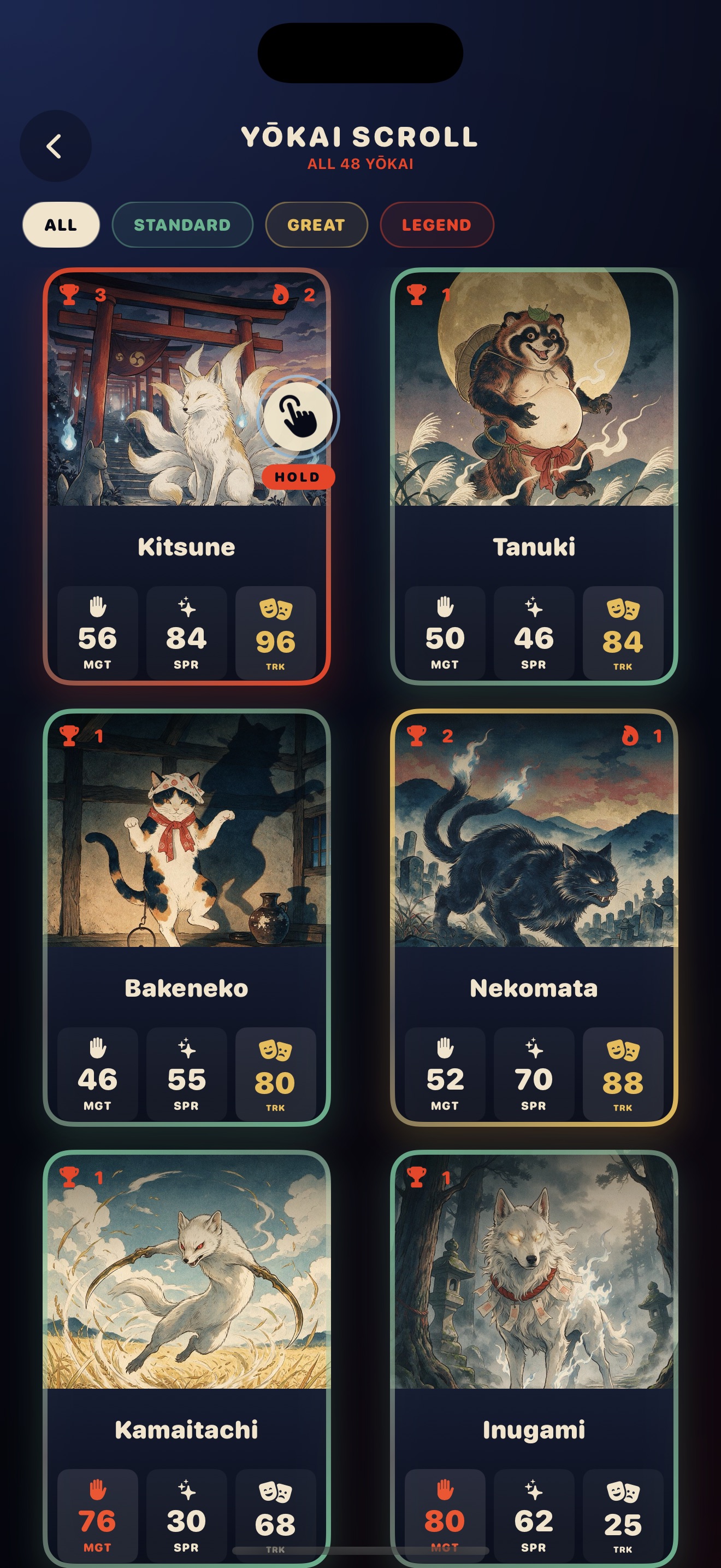The Yōkai Scroll showing Kitsune, Tanuki, Bakeneko, and Nekomata with their Might, Spirit, and Trickery values