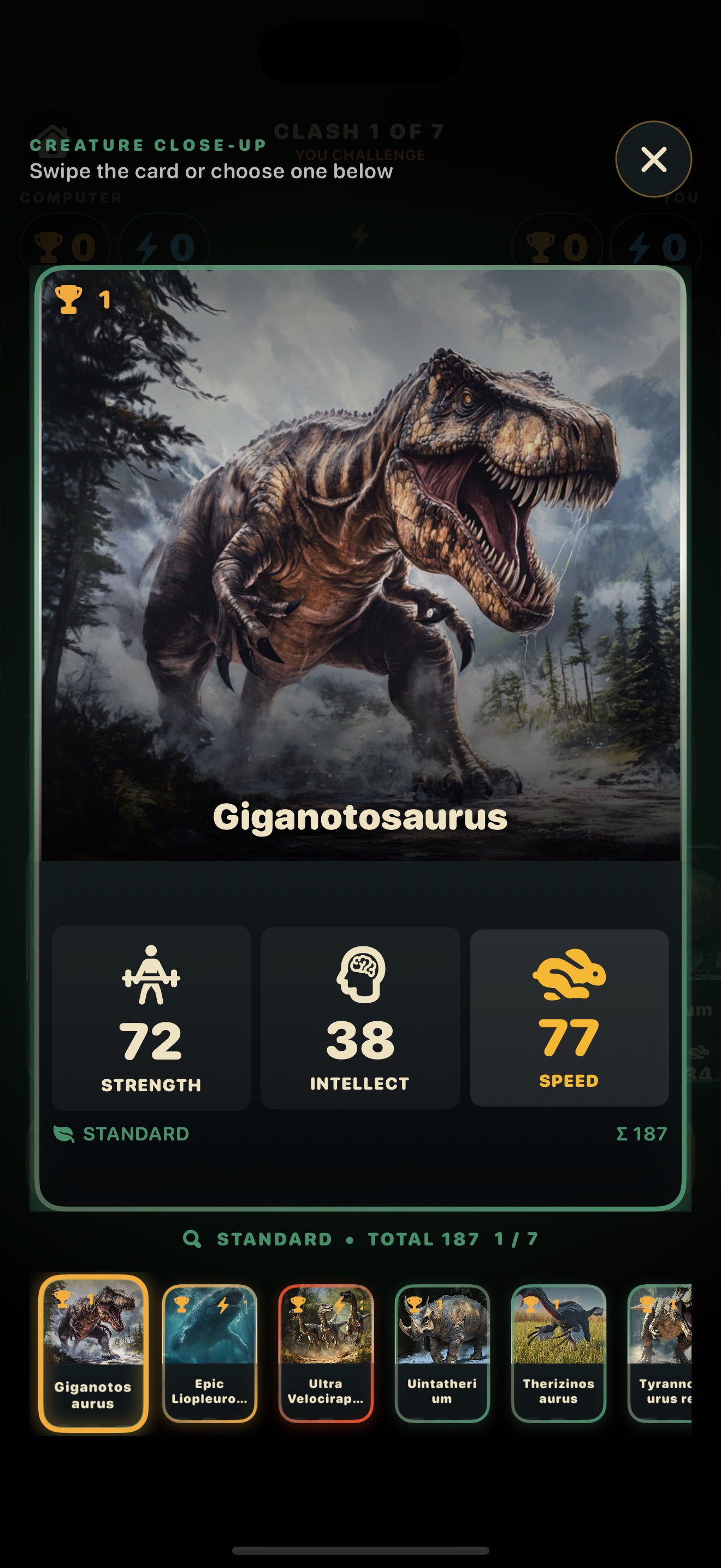 A full-screen close-up of the Giganotosaurus card showing Strength 72, Intellect 38, and Speed 77