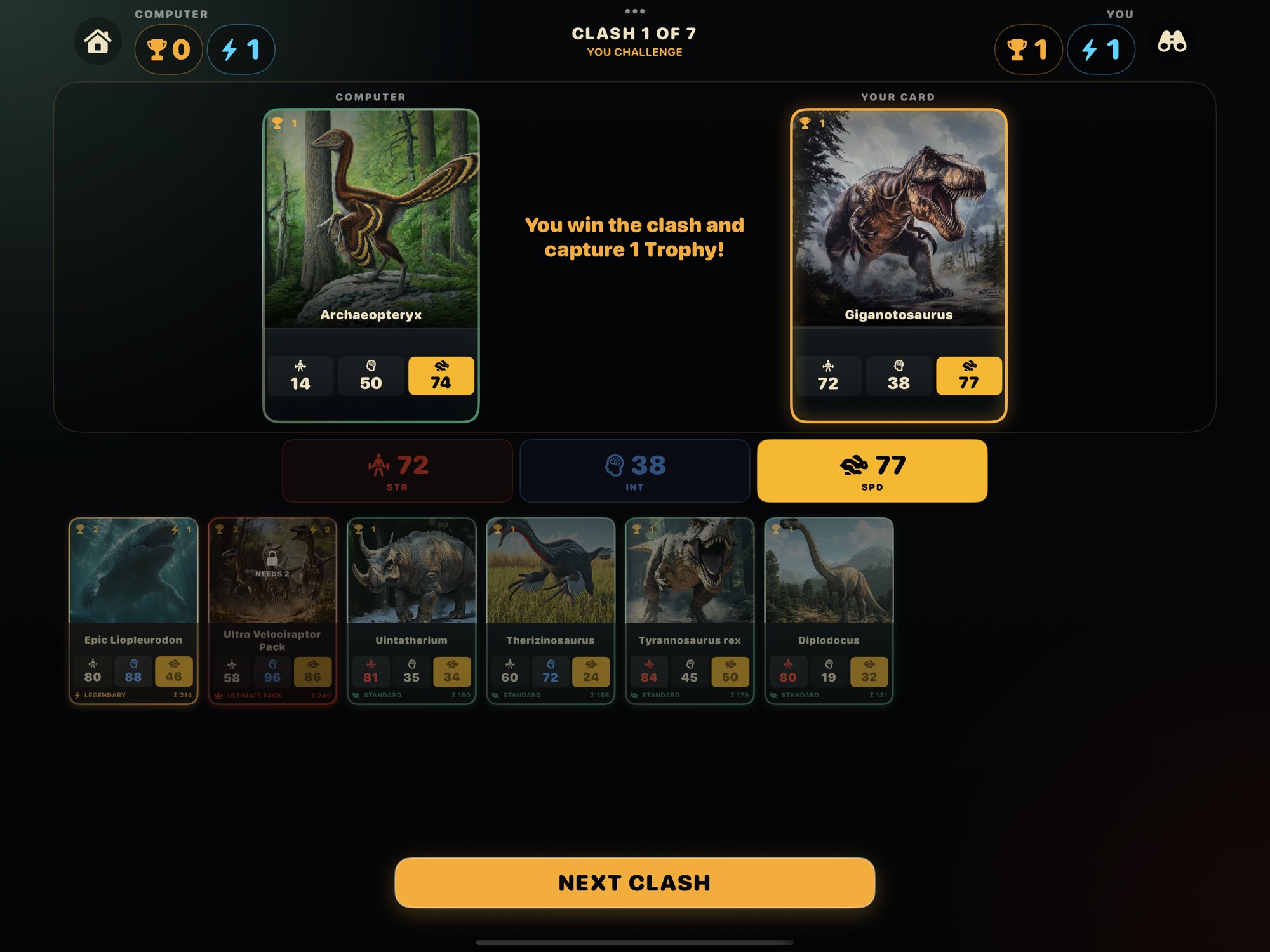 A revealed You vs Rival clash on iPad in landscape: Giganotosaurus beats Archaeopteryx on Speed, 77 to 74