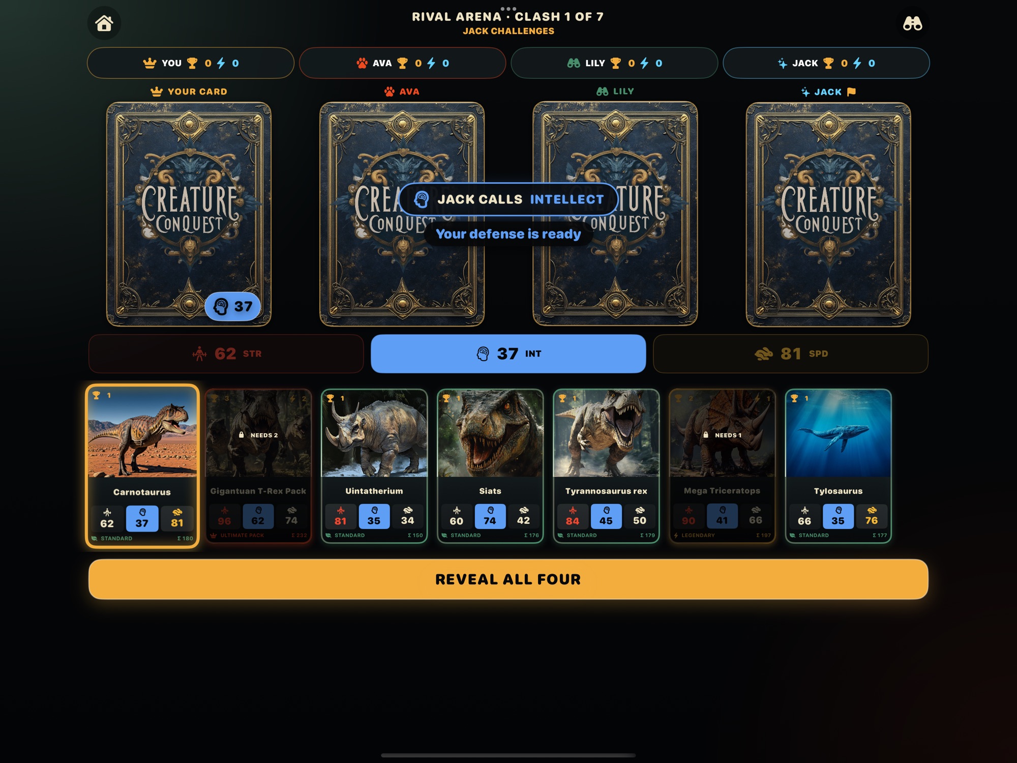 Rival Arena on iPad: Jack calls Intellect, and four face-down cards wait for the reveal while your Carnotaurus is selected