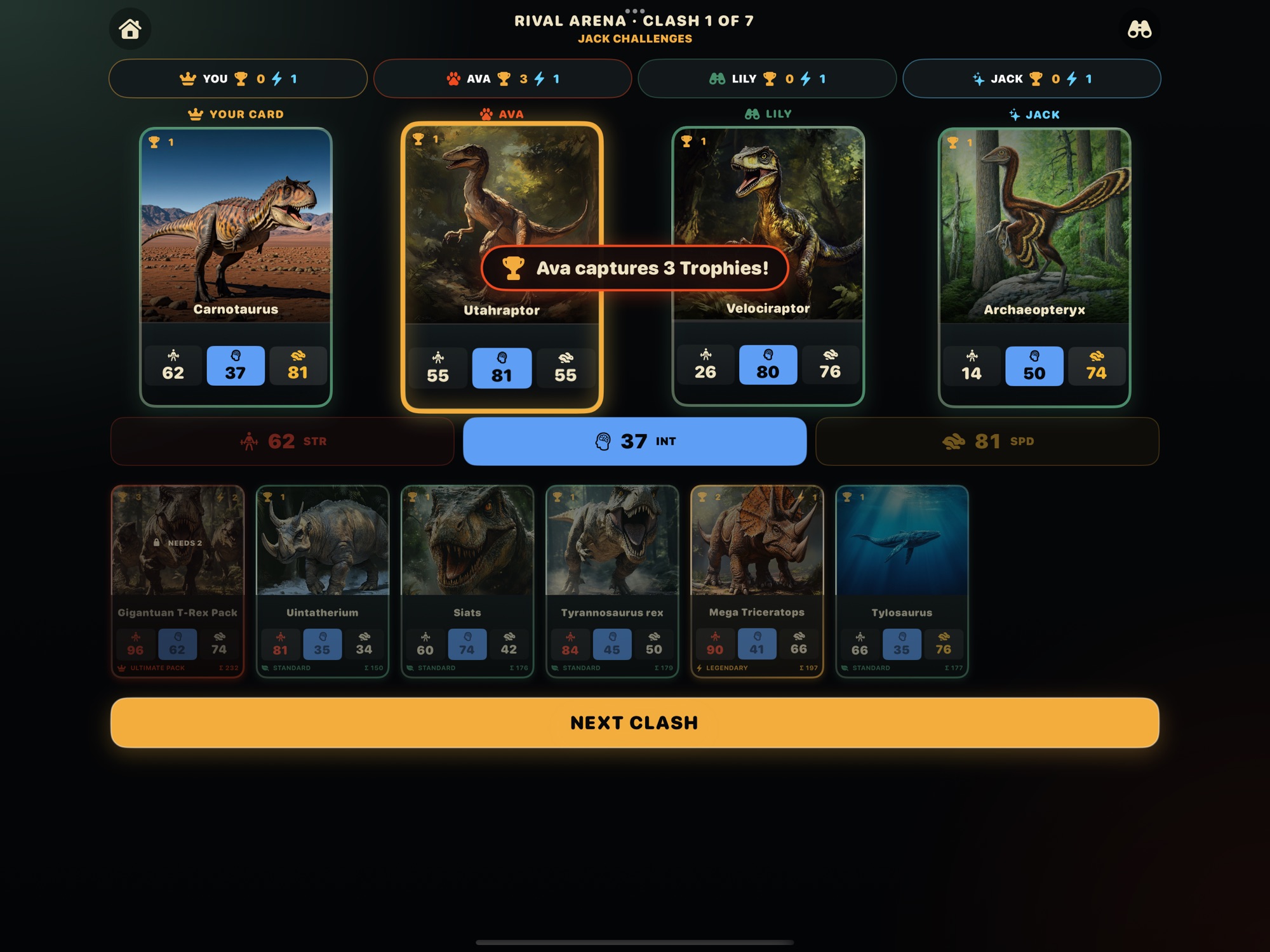 Rival Arena on iPad after the reveal: Ava&rsquo;s Utahraptor wins on Intellect, 81, and captures 3 Trophies