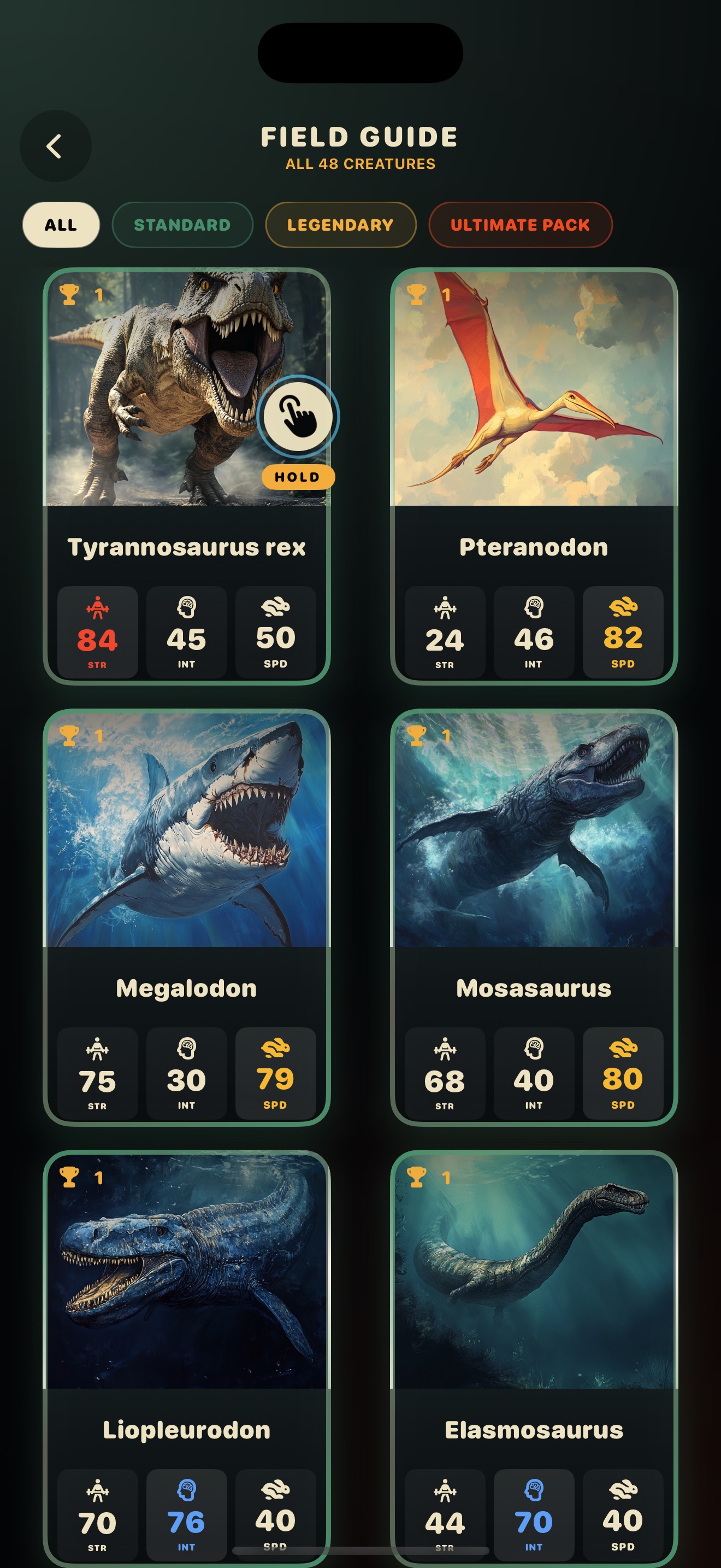 The Field Guide showing Tyrannosaurus rex, Pteranodon, Megalodon, Mosasaurus, Liopleurodon, and Elasmosaurus with their Strength, Intellect, and Speed