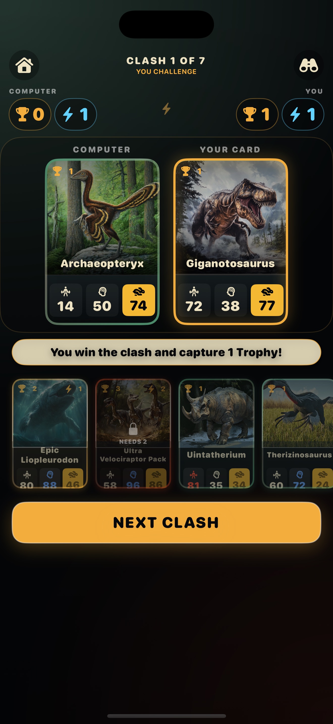 A revealed clash in which your Giganotosaurus beats the computer’s Archaeopteryx on Speed, 77 to 74, and captures 1 Trophy