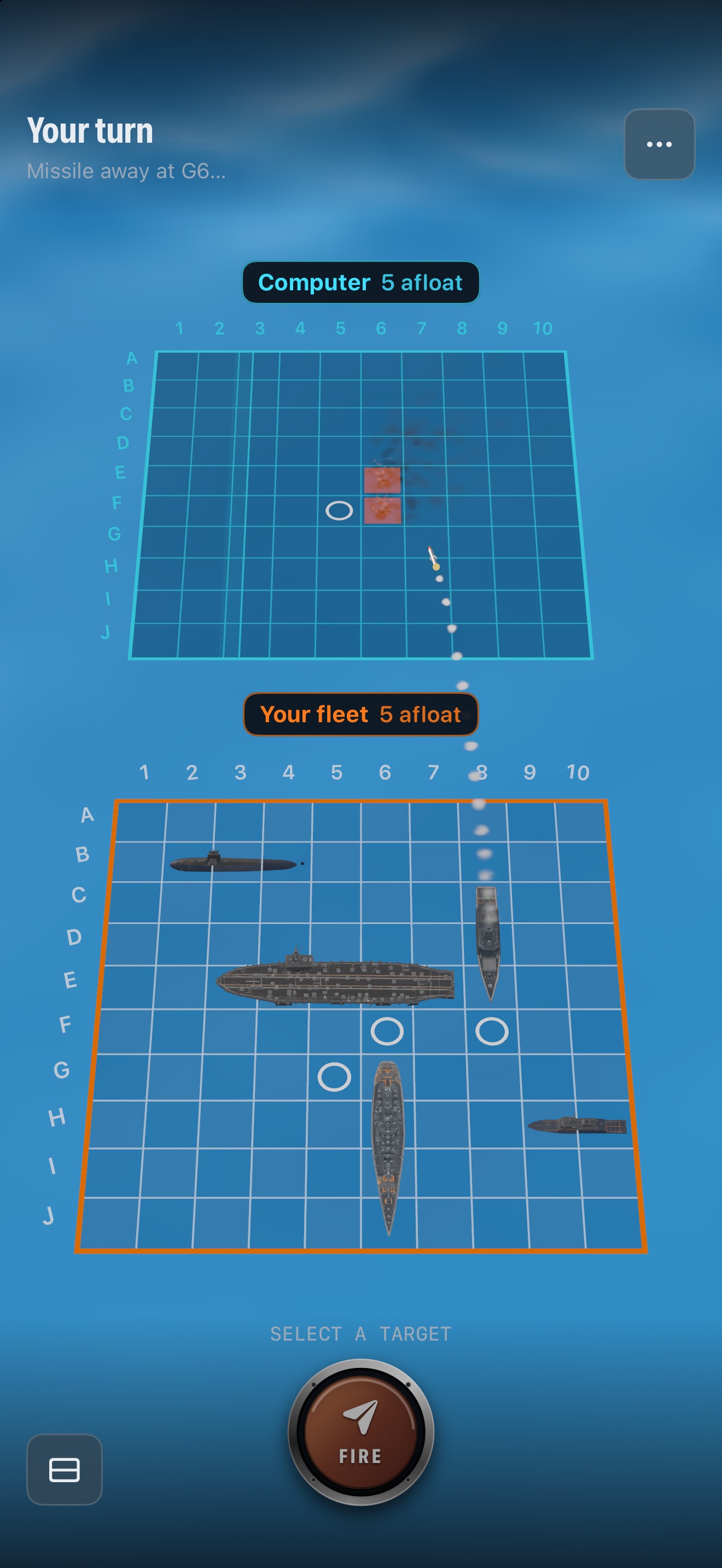 A missile streaks from your fleet toward G6 on the computer&rsquo;s grid, with two hits already burning