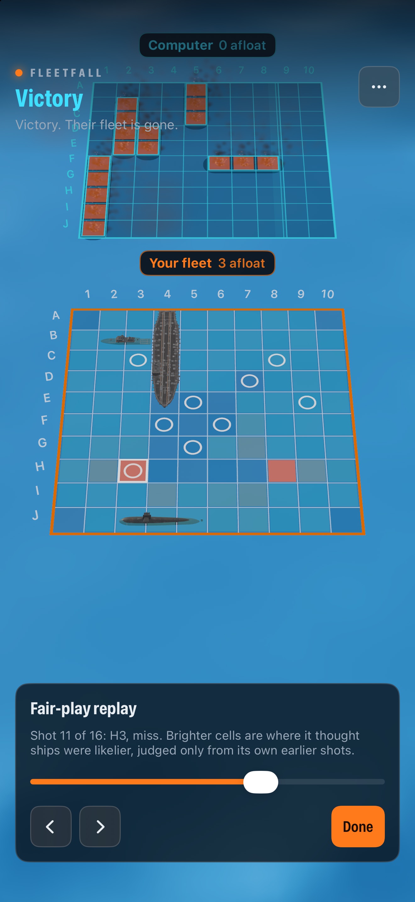 The Fair-play replay at shot 11 of 16, showing the computer&rsquo;s heat map over your grid
