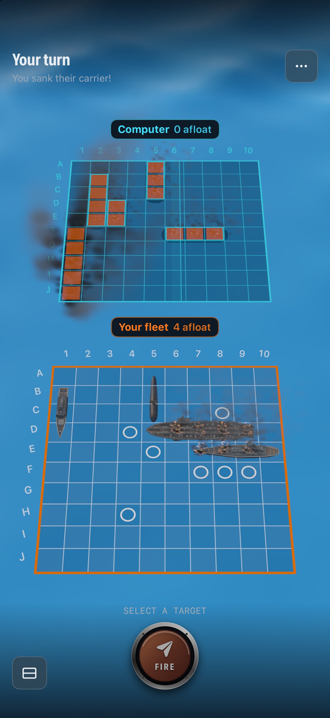 The computer&rsquo;s whole fleet sunk and burning on its grid, with your damaged carrier and cruiser still afloat below