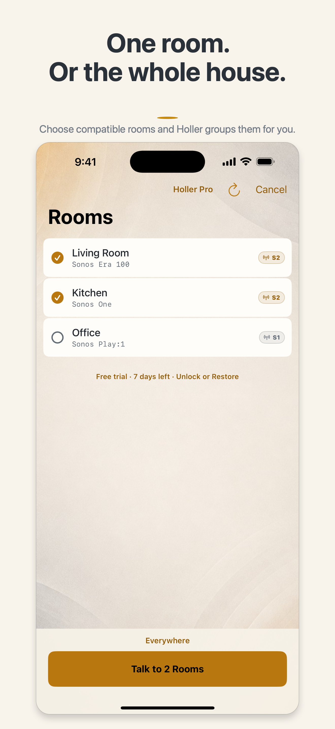 Holler room selection showing two selected S2 rooms and one unselected S1 room
