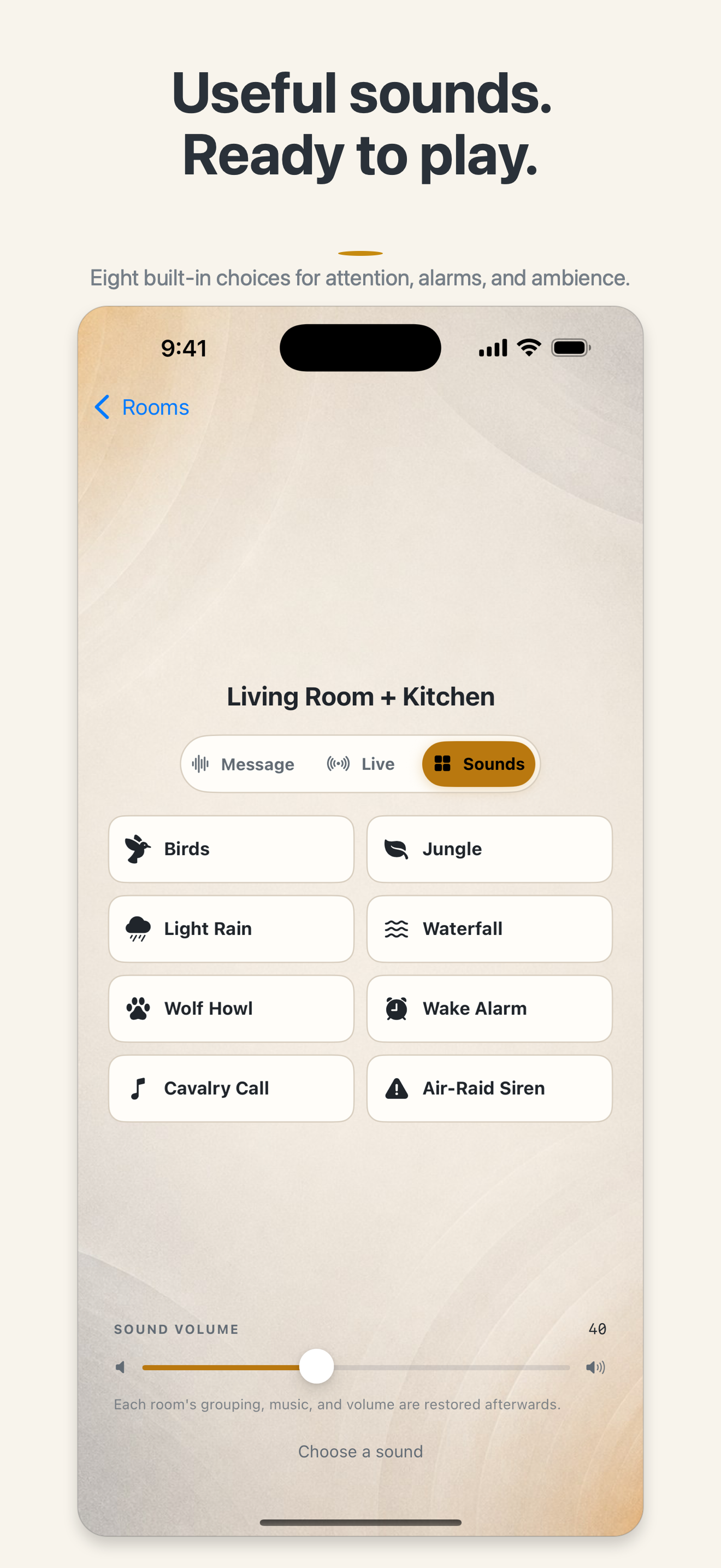 Holler Sounds mode showing all eight built-in sound choices