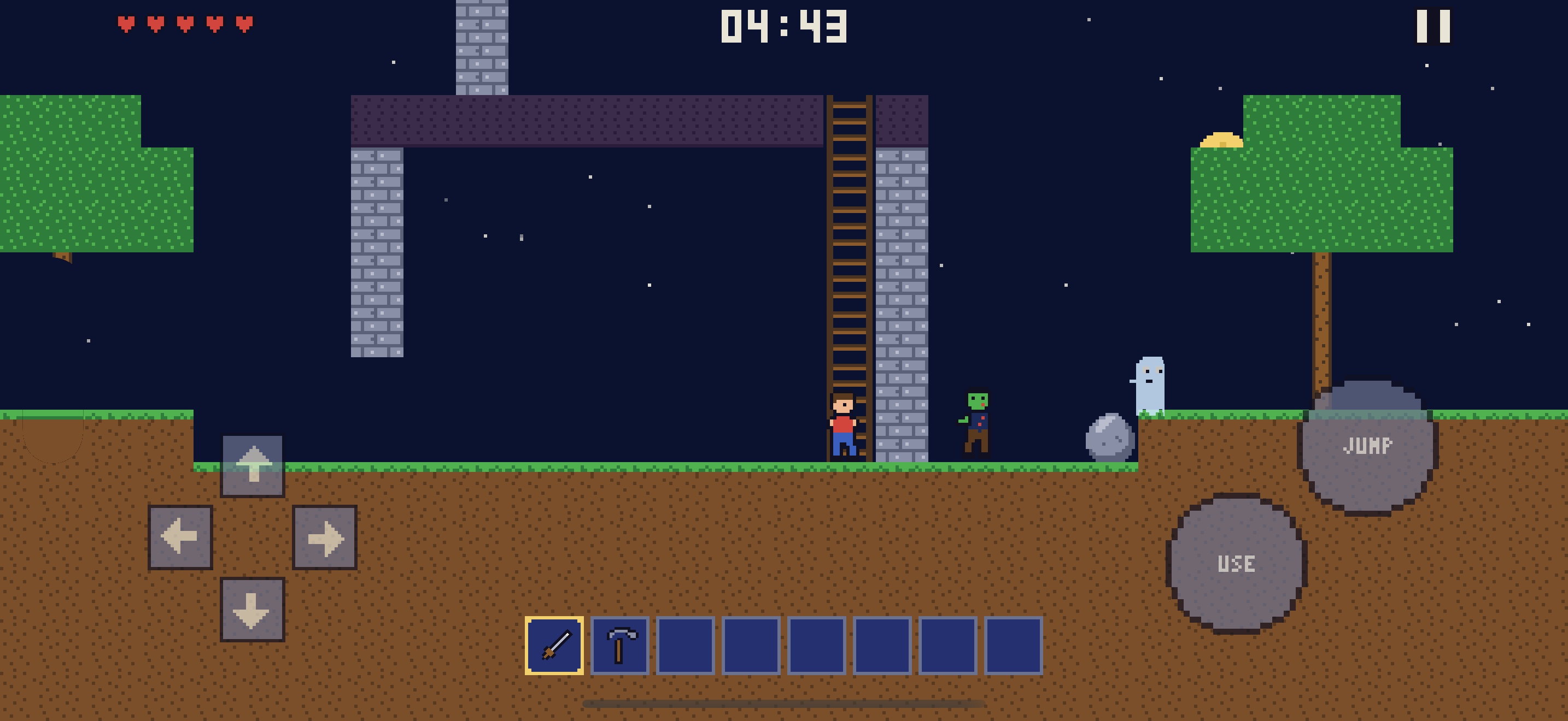 The player swings a sword at zombies beside the stone house under a full moon