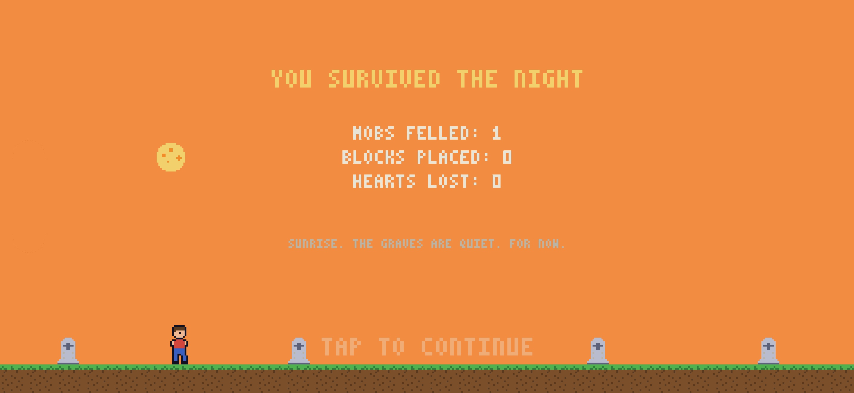 The sunrise victory screen with the night's statistics