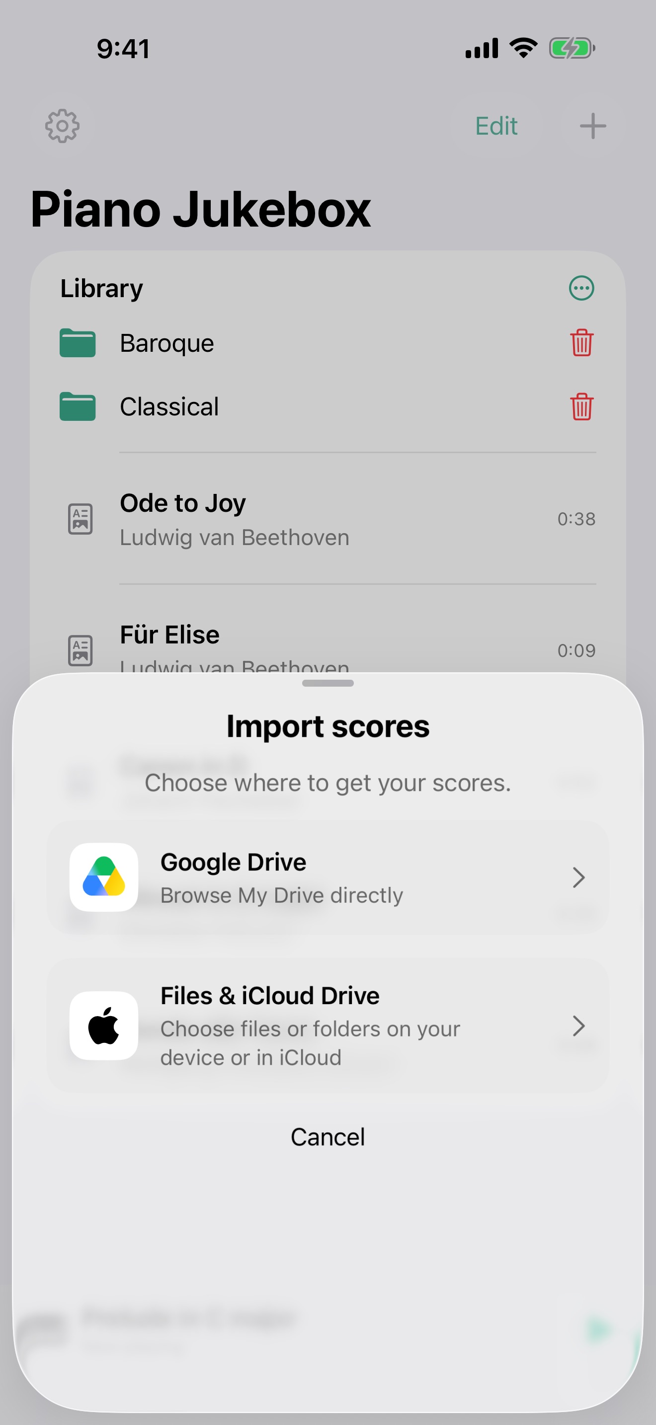 The Import scores sheet offering Google Drive or Files and iCloud Drive