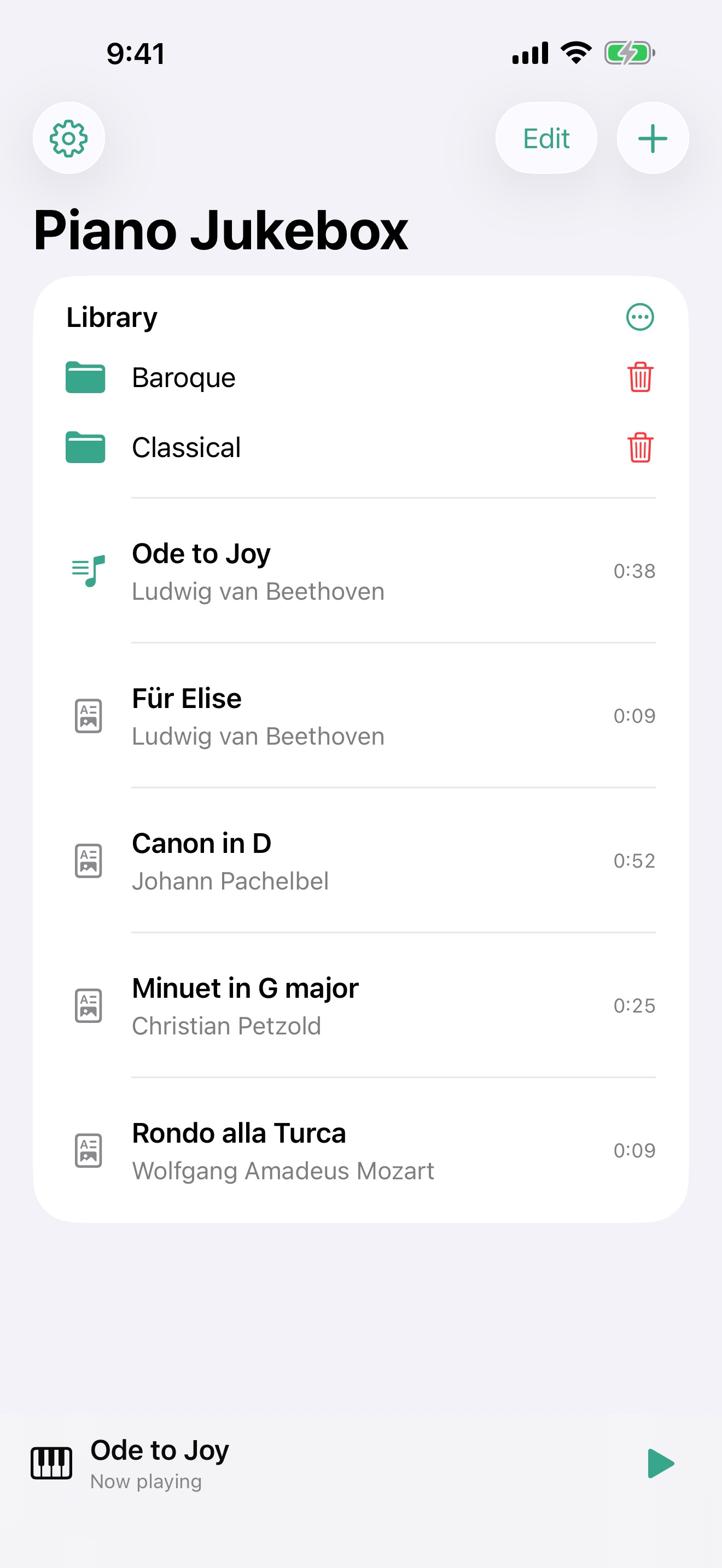 The Piano Jukebox library: Baroque and Classical folders, then Ode to Joy, Für Elise, Canon in D, Minuet in G major and Rondo alla Turca