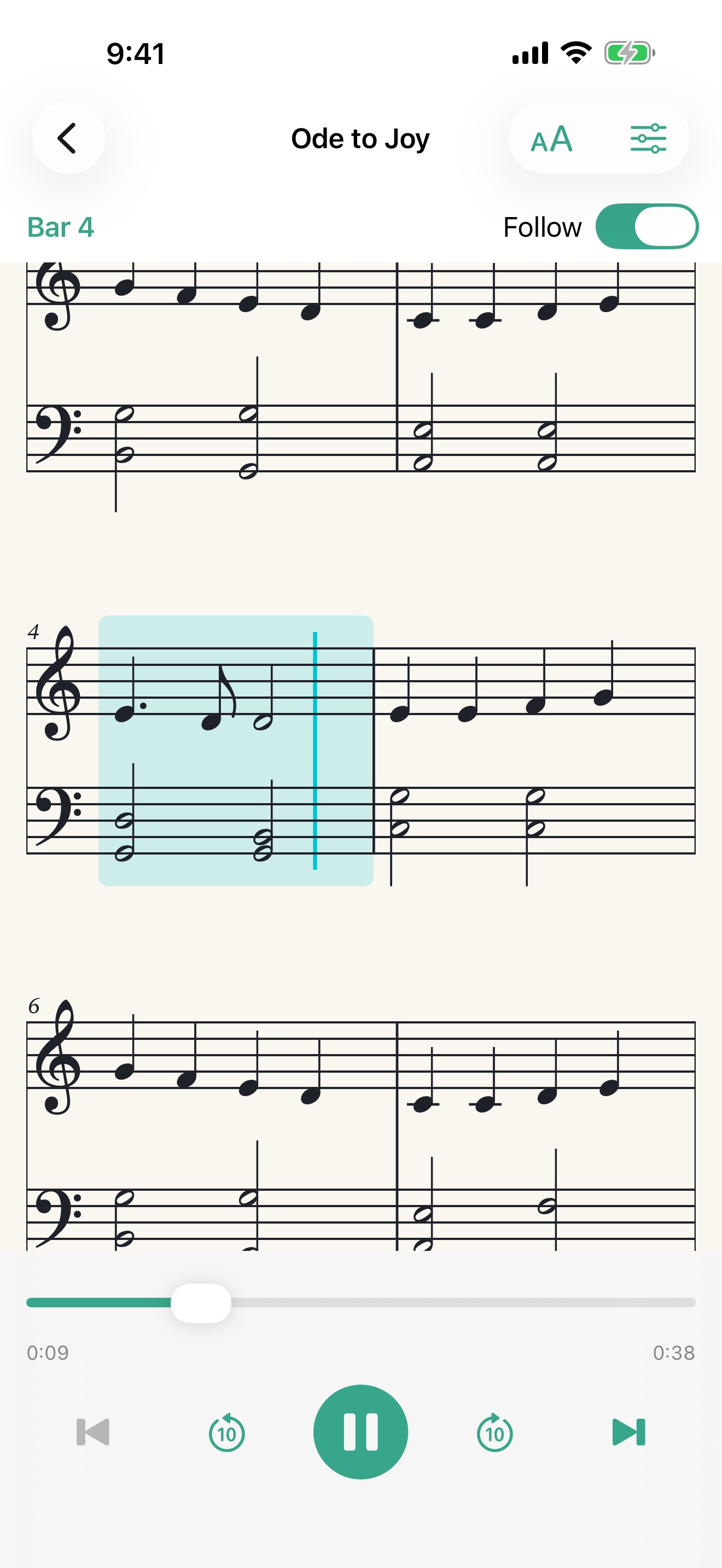 Ode to Joy playing, with the current bar highlighted on the grand staff and a cursor on the beat