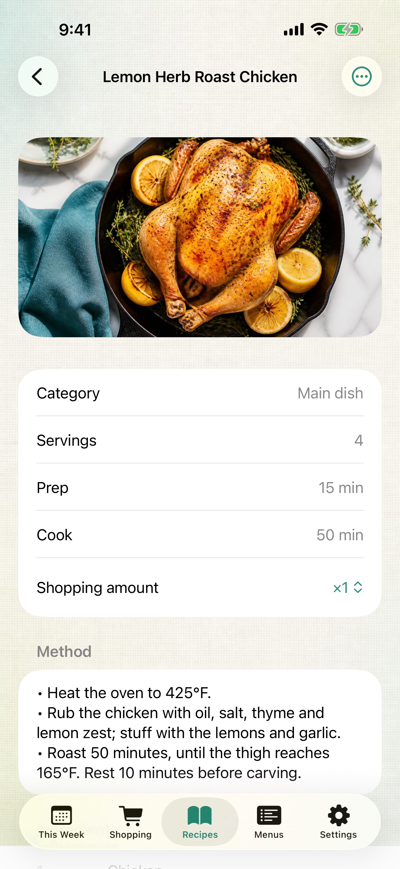 The Lemon Herb Roast Chicken recipe with its photo, category, servings, and prep and cook times