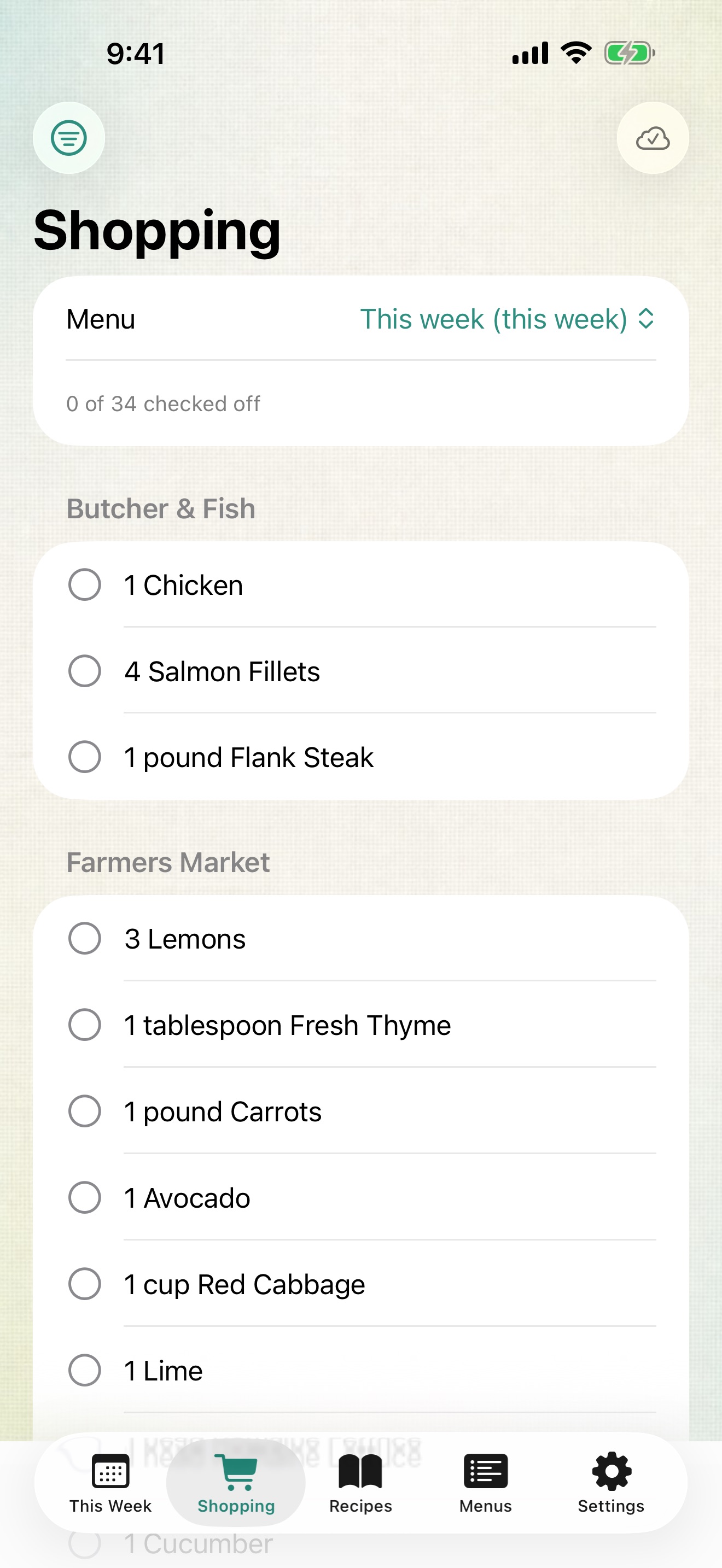 The shopping list for this week, grouped by store: chicken, salmon fillets and flank steak under Butcher & Fish, lemons under Farmers Market