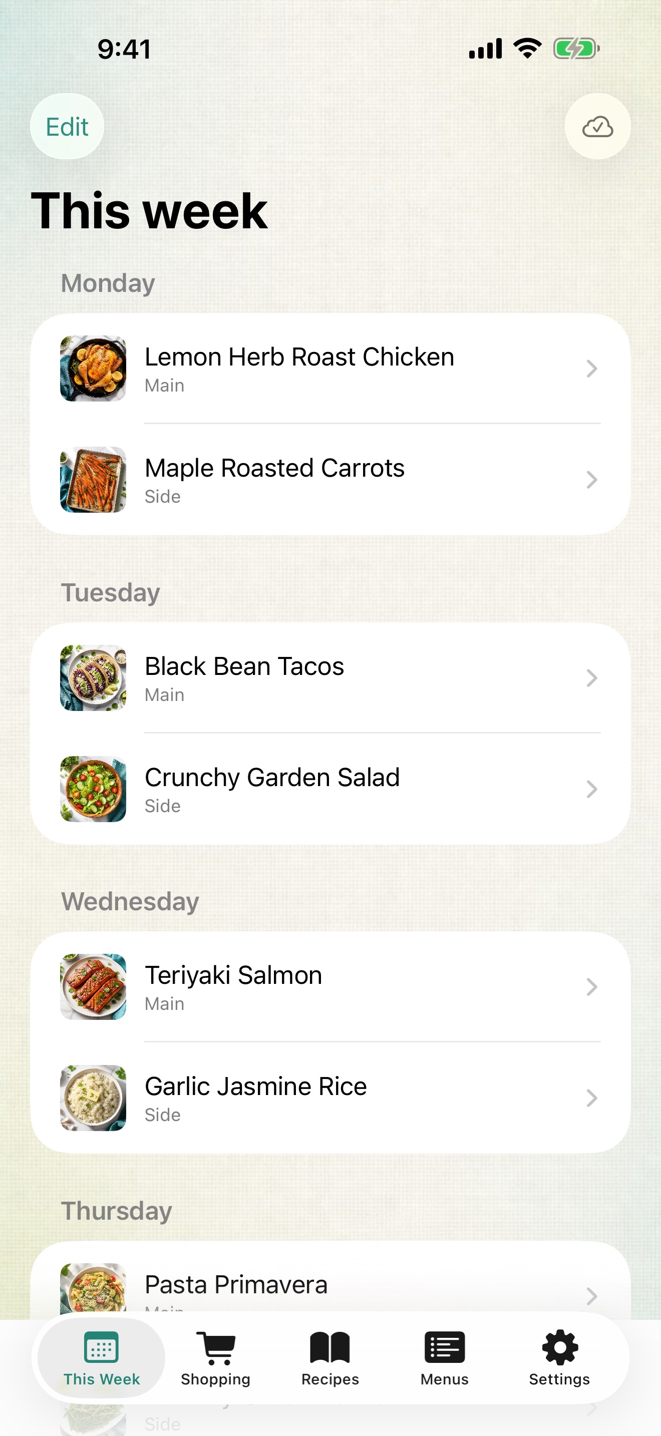 This week&rsquo;s menu: Lemon Herb Roast Chicken with Maple Roasted Carrots on Monday, Black Bean Tacos with Crunchy Garden Salad on Tuesday