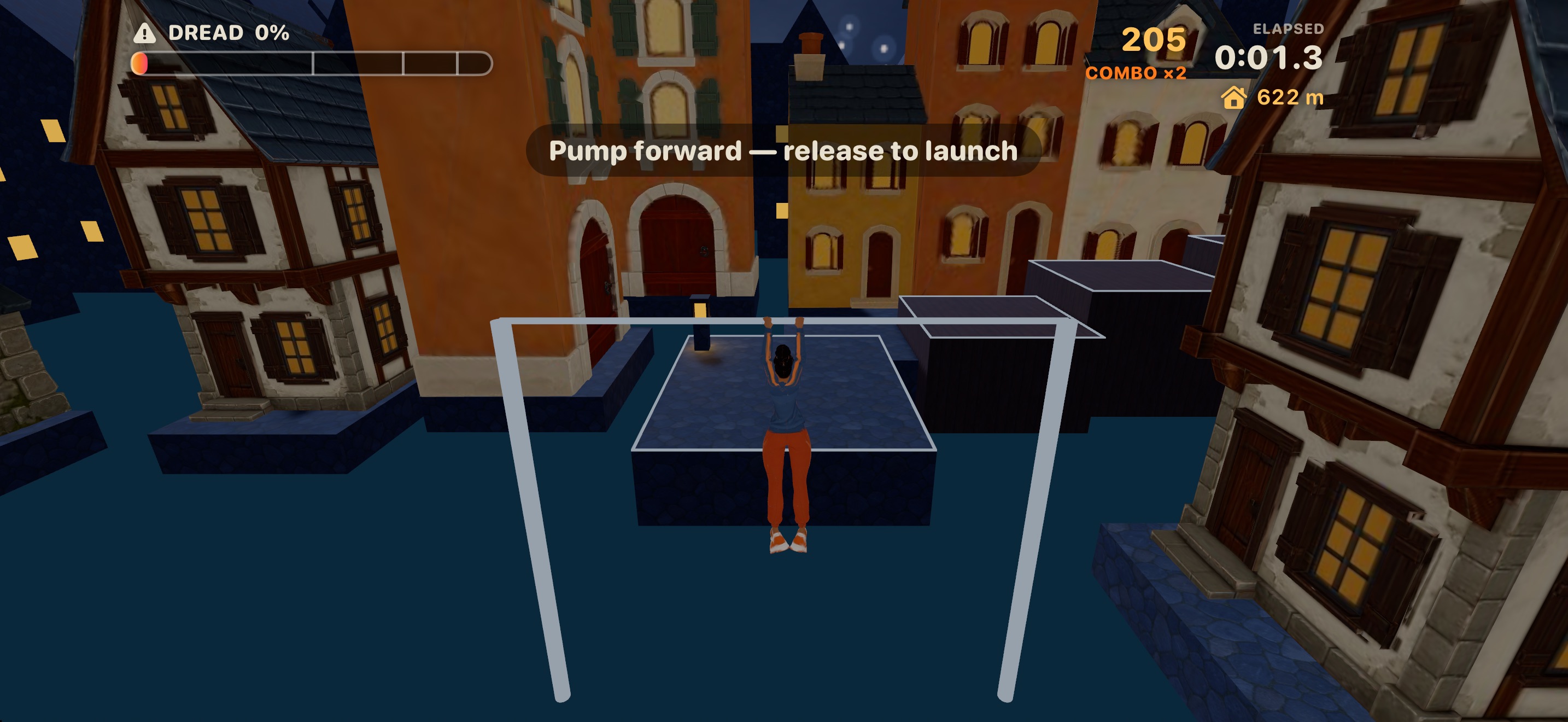 The runner hangs from a bar between canal houses in Plague Run