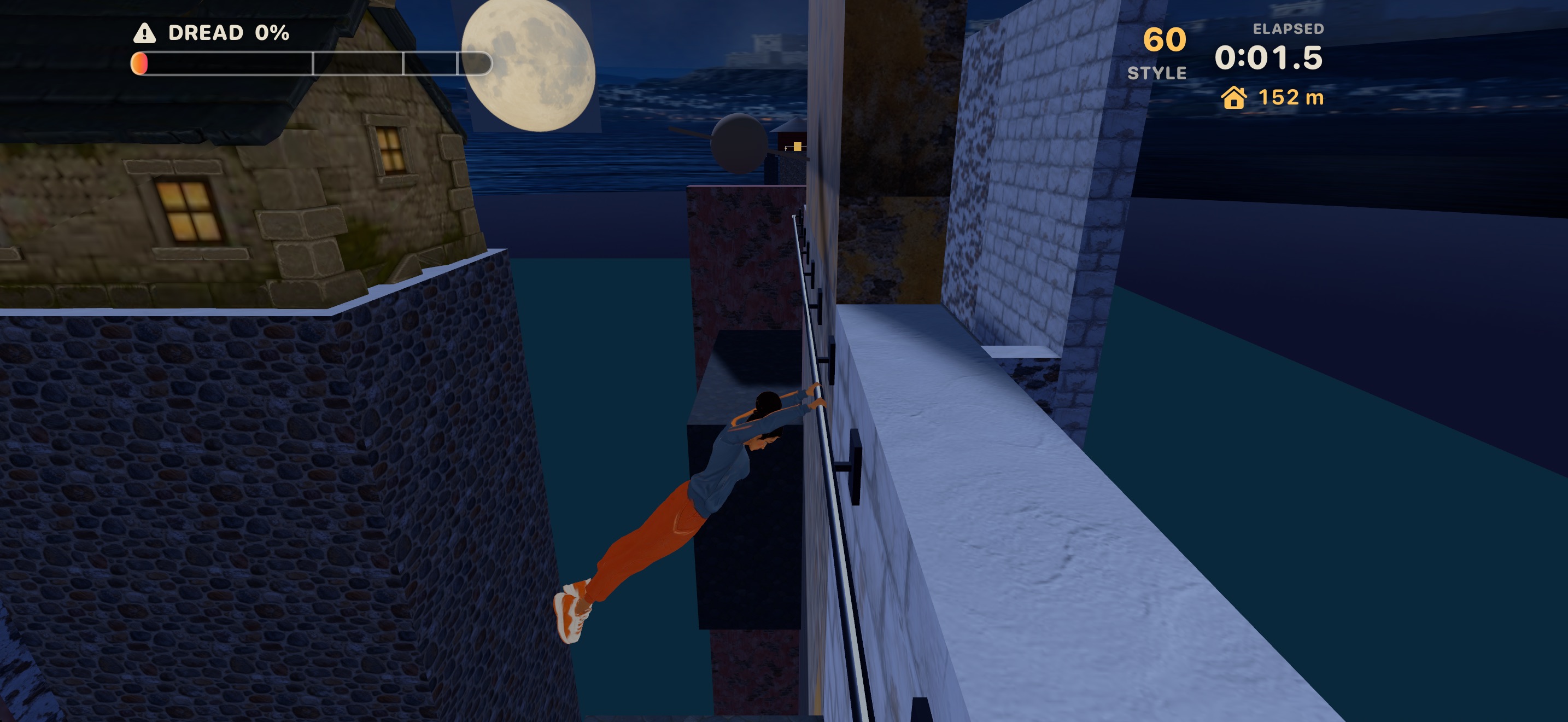 The runner hangs from a wall rail above the moonlit sea in Caldera Run