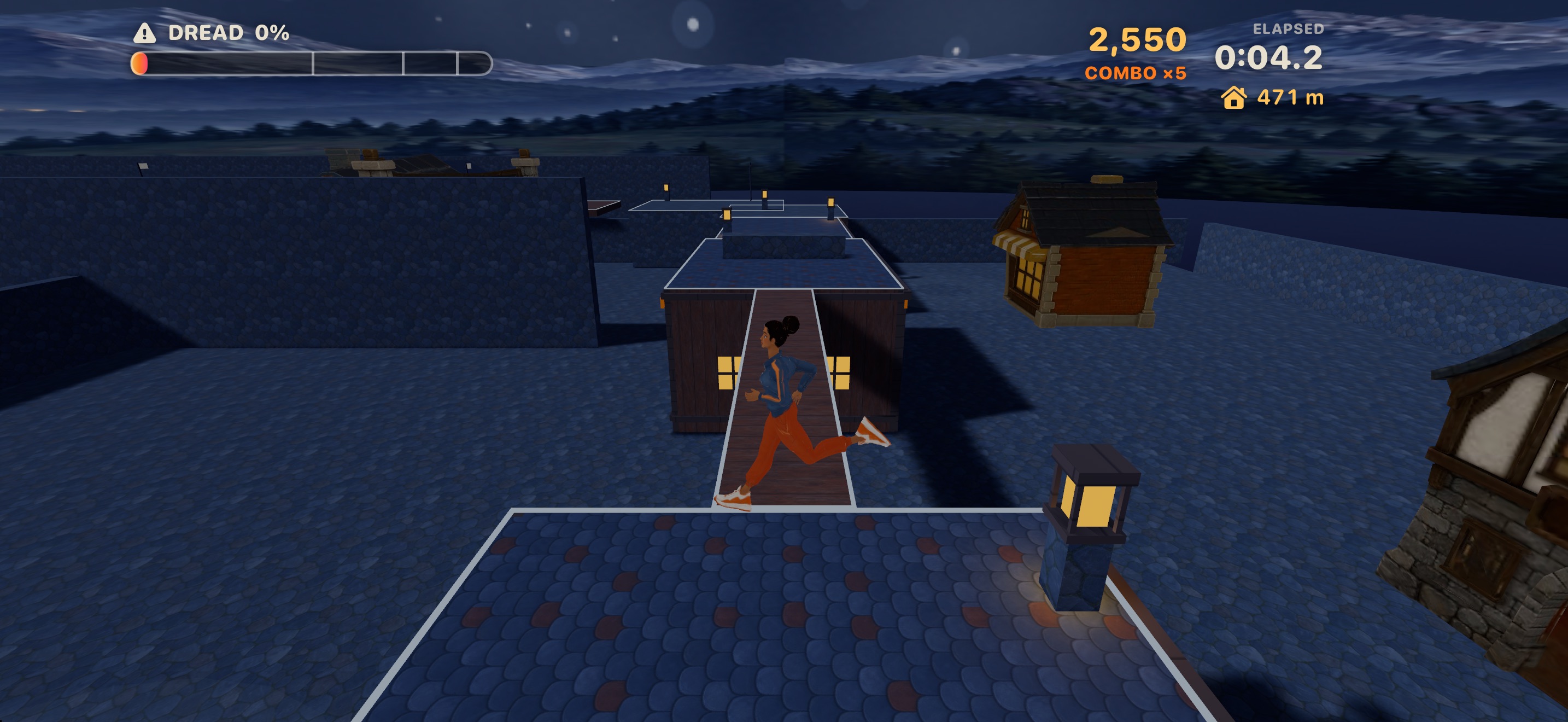 The runner sprints along a rooftop path in Grand Run under a night sky