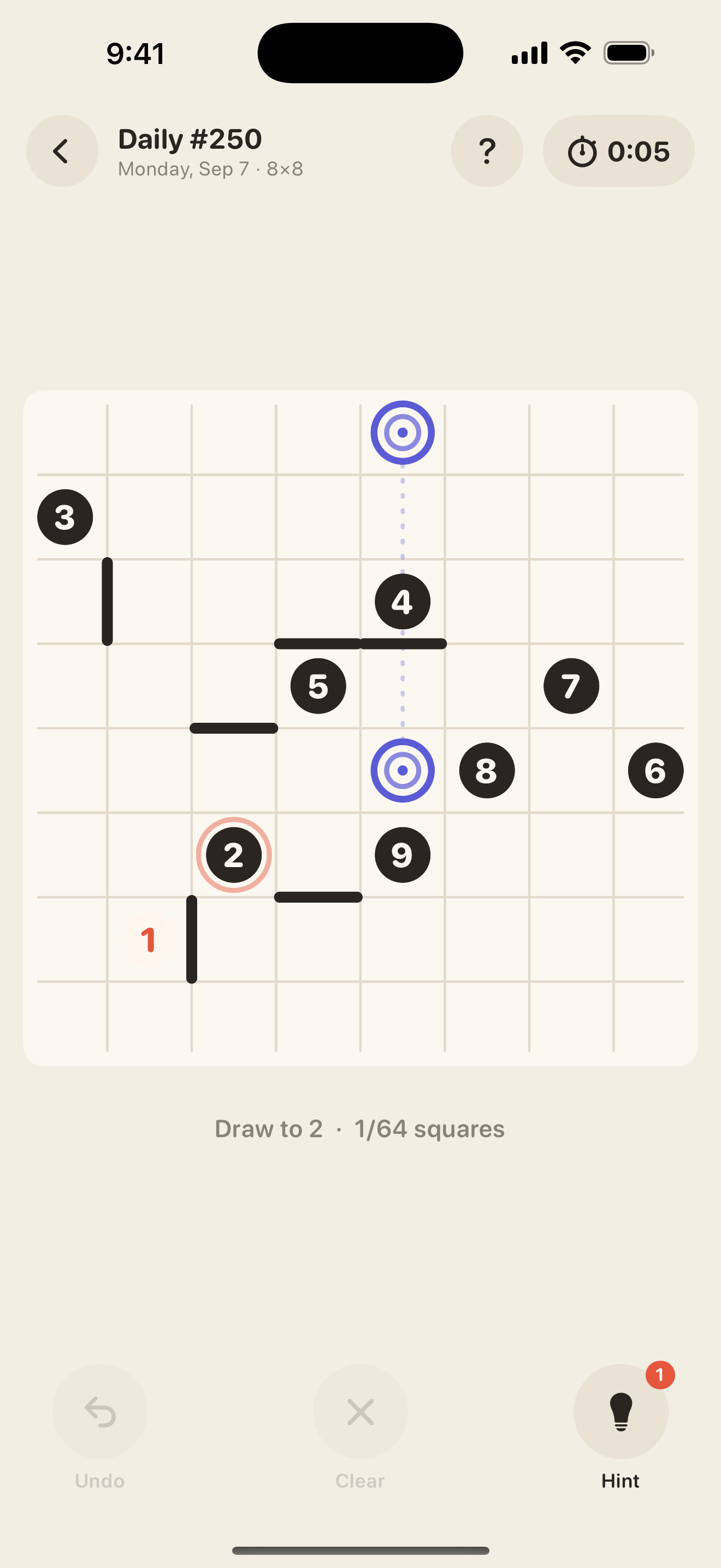 The Wend daily puzzle screen showing an 8 by 8 grid with numbered squares, walls, and paired portals