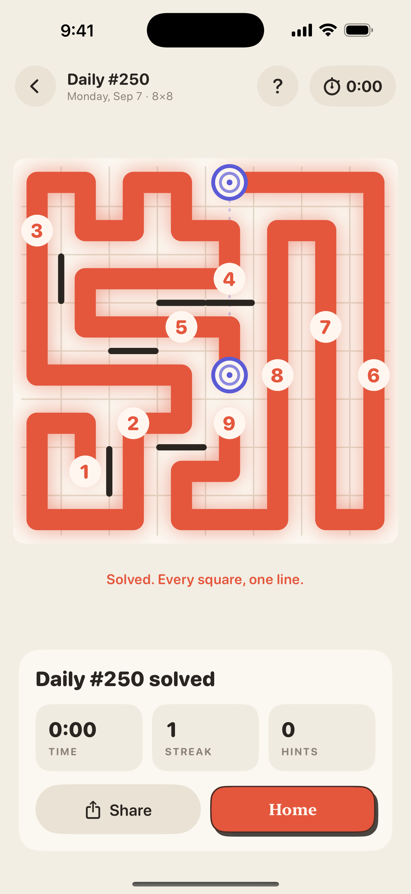 A completed Wend daily puzzle whose path covers every square