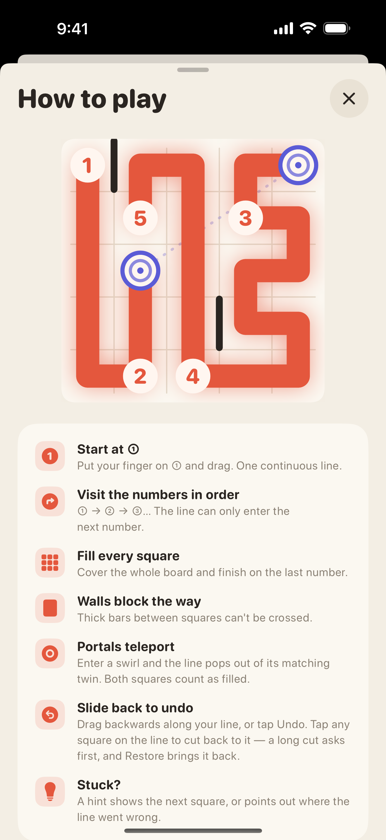 A Wend puzzle showing paired portals that redirect the path